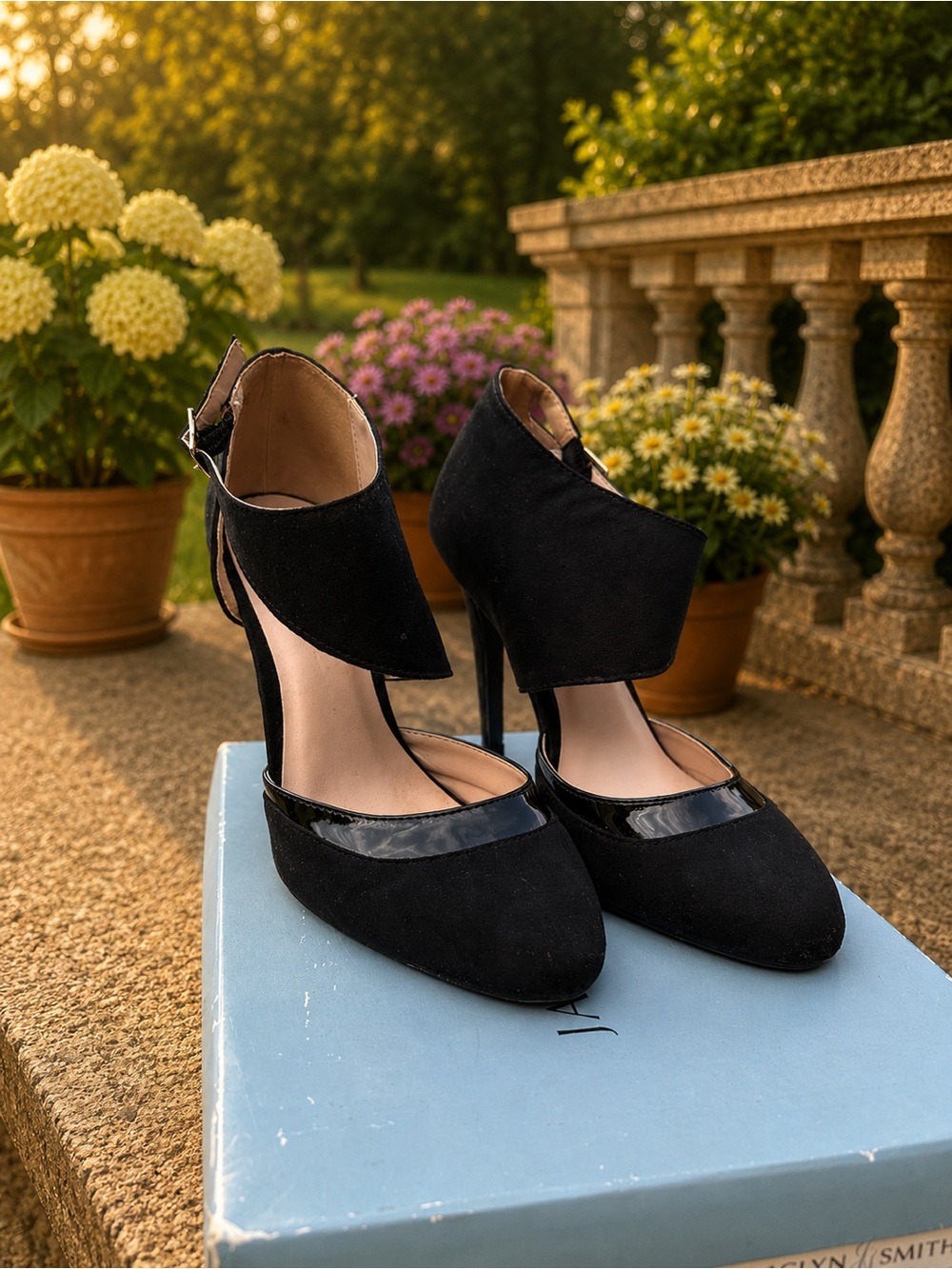 Elegant Black Suede High Heel Pumps with Ankle Strap